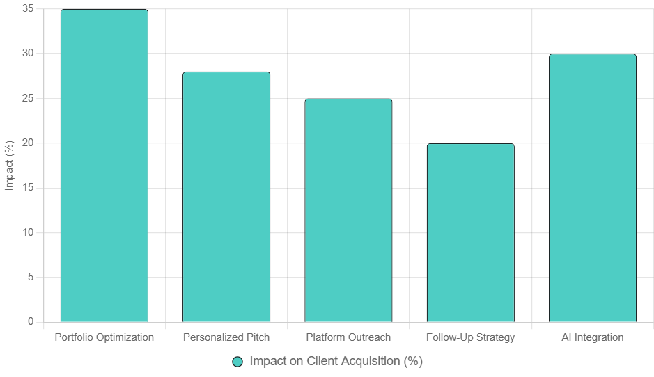 7 Proven Tips to Land Your First Freelance Client in 2025: From Code to Cash 5 Bar chart summarizing key freelance tips and their client acquisition impact, featuring icons for portfolio, pitch, outreach, follow-up, and AI.