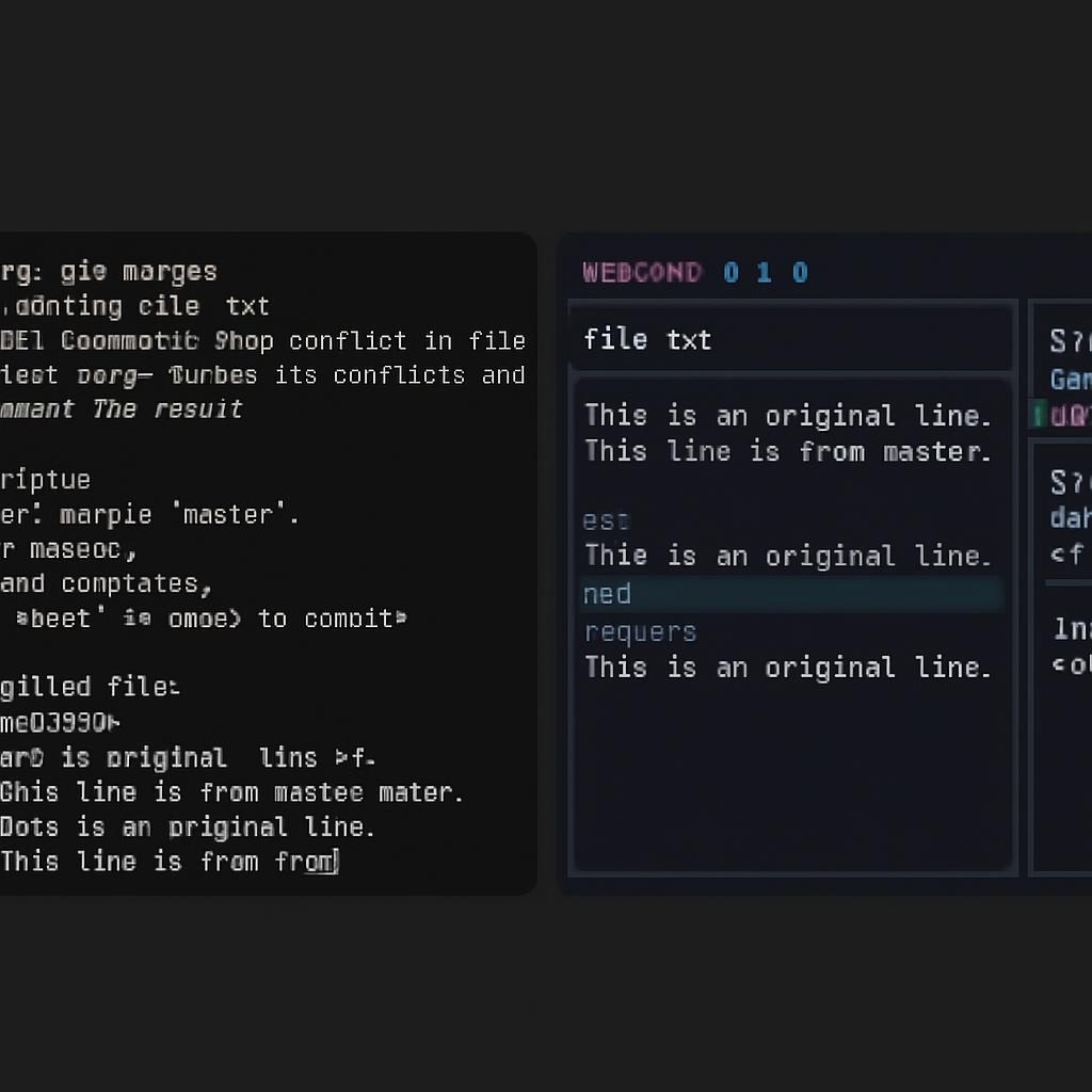 Comparison of traditional Git merge conflict resolution versus lazygit's visual interface showing a 3-way merge editor