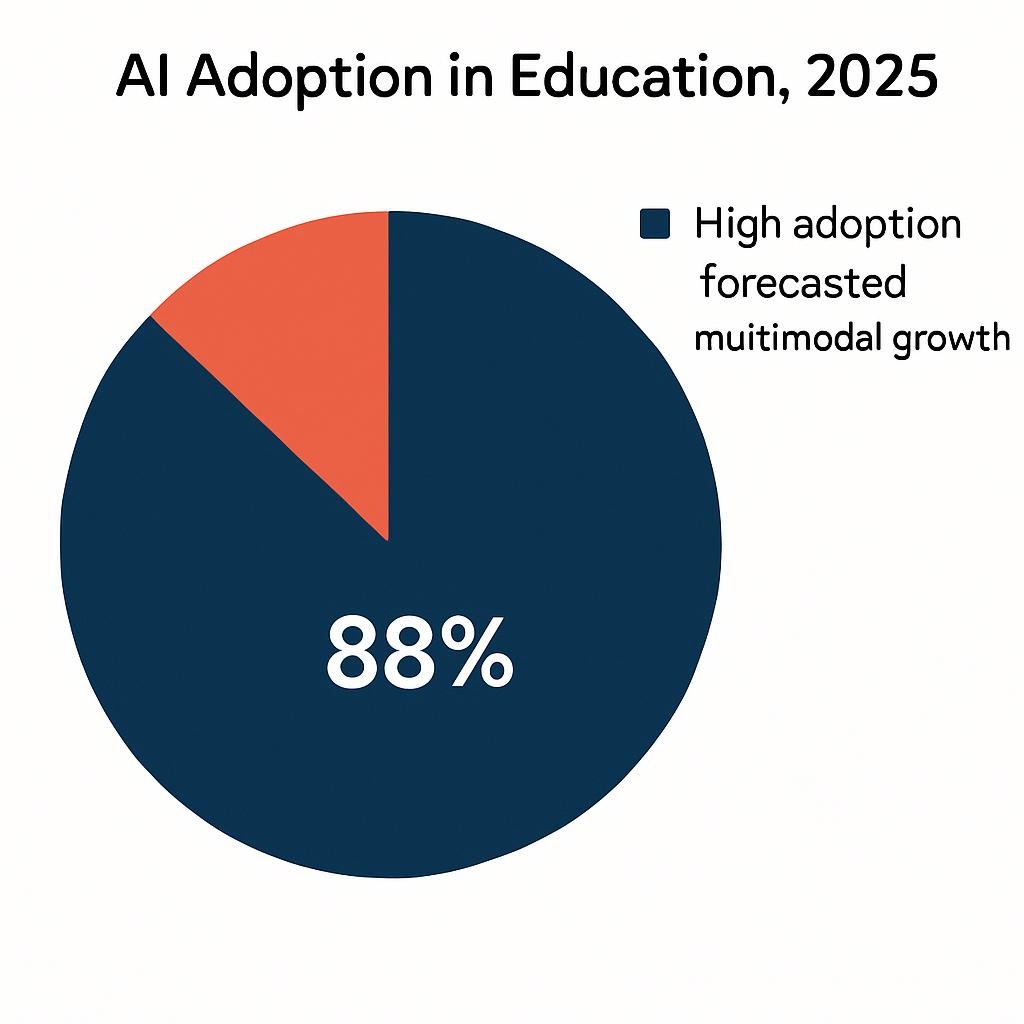 Pie Chart: AI Adoption in Education, 2025 Legend: High adoption (88%) drives IDE shifts; forecasted multimodal growth.