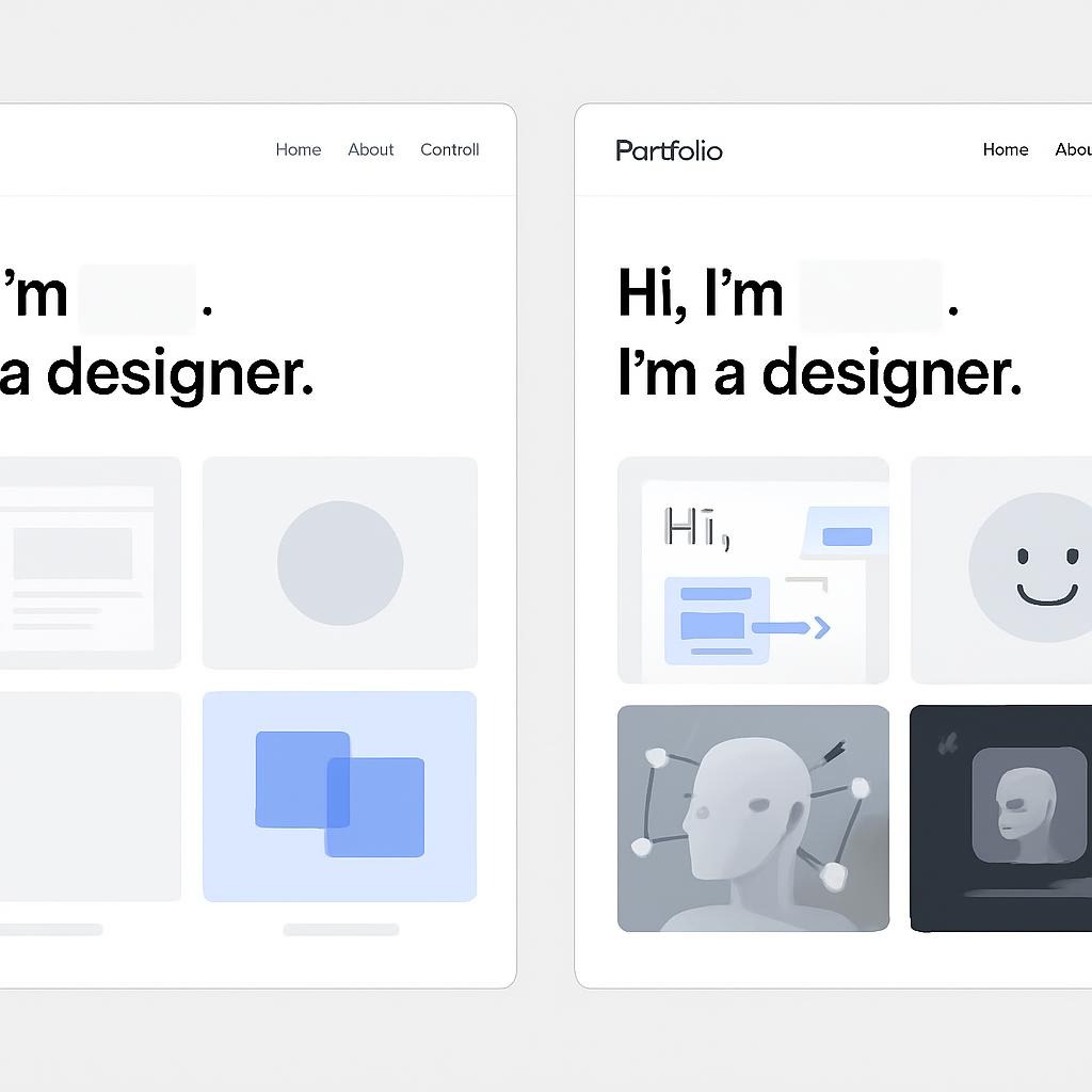 screenshot comparison: left—generic 2024 portfolio (slow, no animation).] Right—2026-winning portfolio (instant load, micro-interactions, AI projects visible)