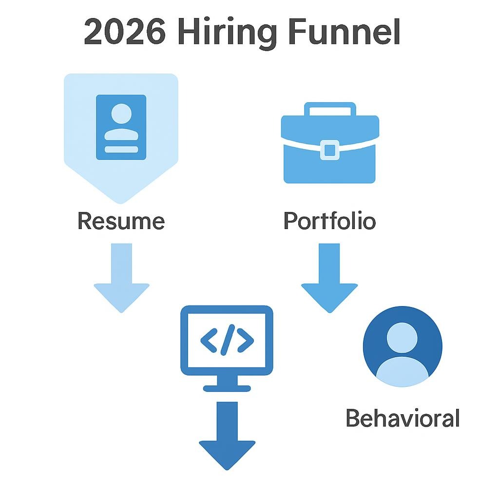 Diagram: 2026 Hiring Funnel – Resume (10%) → Portfolio (60%) → Take-home/Live coding (20%) → Behavioral (10%)